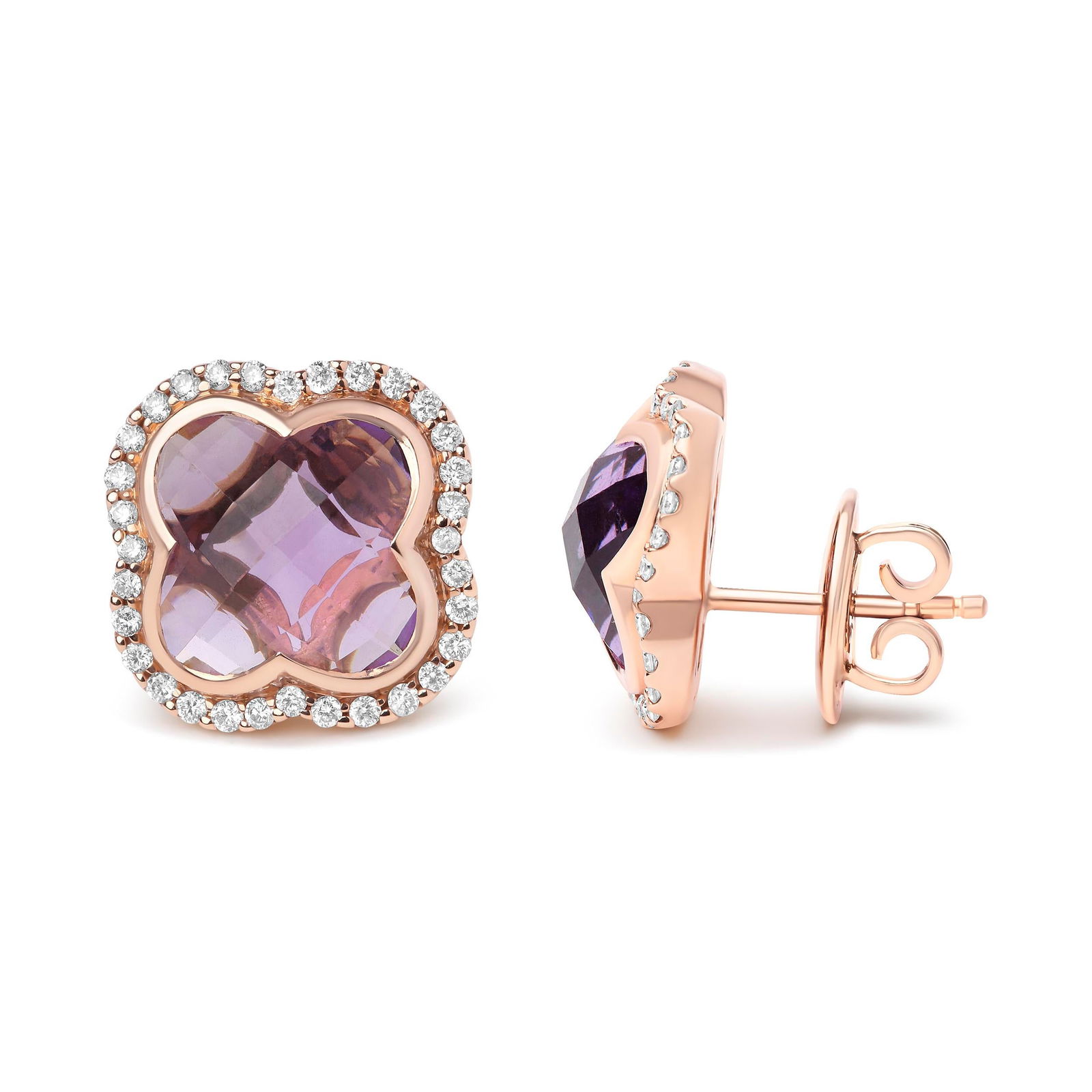 18K Rose Gold 3/8 Cttw Diamond and 11x11mm Clover-Cut Purple Amethyst Gemstone Clover Halo Stud Earr - 4