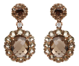 18K Rose Gold Diamond Accent and Lemon and Oval Smoky Color Quartz Gemstone Dangle Drop Earring (G-H