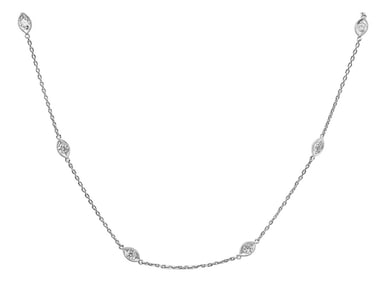 14K White Gold 1.00 Cttw Bezel Set Round Diamond Marquise Shaped Milgrain Station 18" Collar Necklac