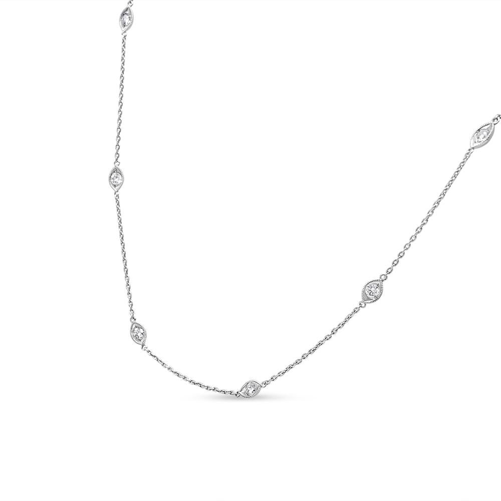 14K White Gold 1.00 Cttw Bezel Set Round Diamond Marquise Shaped Milgrain Station 18" Collar Necklac - 2