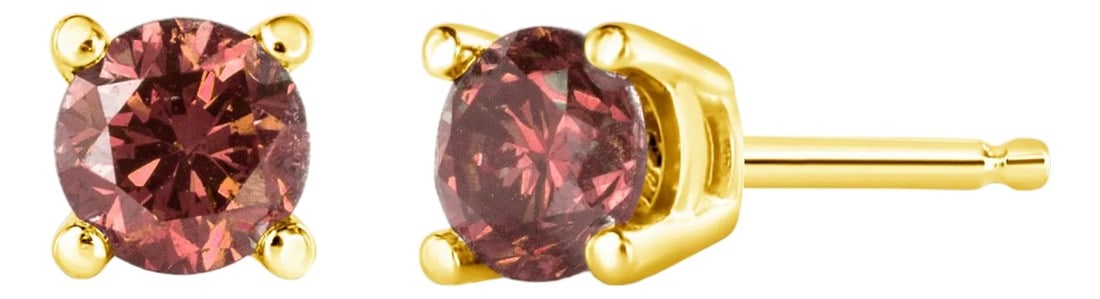 14K Yellow Gold 1/3 Cttw 4-Prong Set Round Brilliant-Cut Pink Diamond Solitaire Stud Earrings (Treat: Celebrate any occasion with these classic shimmering solitaire diamond stud earrings. Fashioned in genuine 14k Yellow Gold, each earring showcases a sparkling color treated round cut diamond solitaire