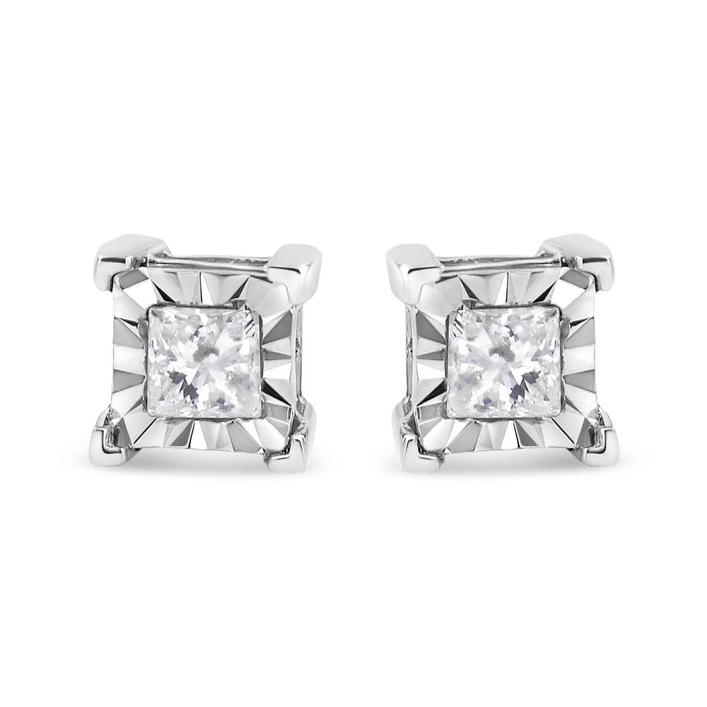 .925 Sterling Silver 1/2 Cttw Miracle Set Princess-cut Diamond Solitaire Stud Earrings (H-I Color, I - 2
