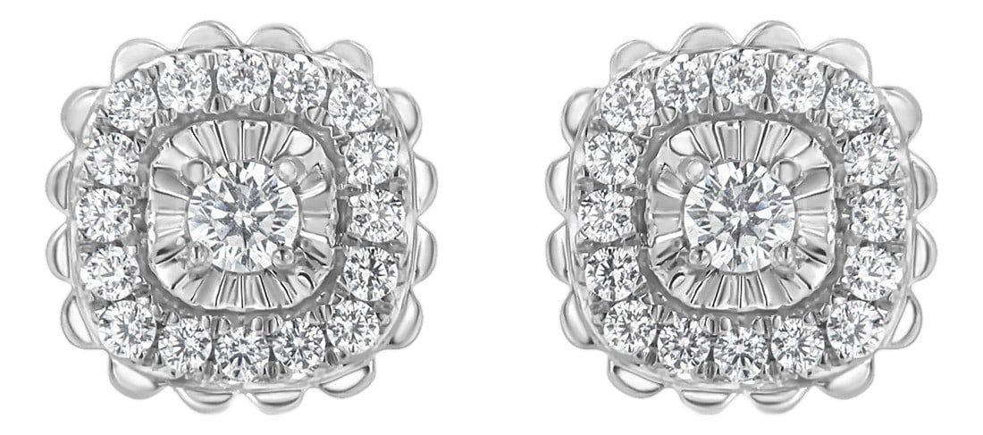 .925 Sterling Silver 1/2 Cttw Round-Cut Diamond Halo Cluster Stud Earring (I-J Color, I2-I3 Clarity): Treat yourself to these glamorous silver stud earrings with a twist on a classic floral design. A single miracle set, round-cut diamond sits at the center of this piece, flanked by a halo of smaller