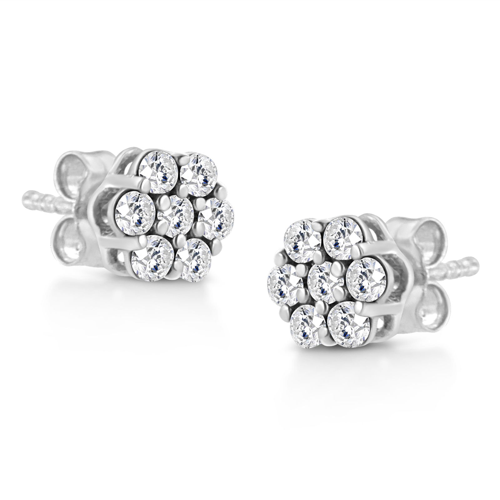 14K White Gold 1/2 Cttw Prong Set Round-Cut Diamond Flower Stud Earring (H-I Color, I1-I2 Clarity) - 3