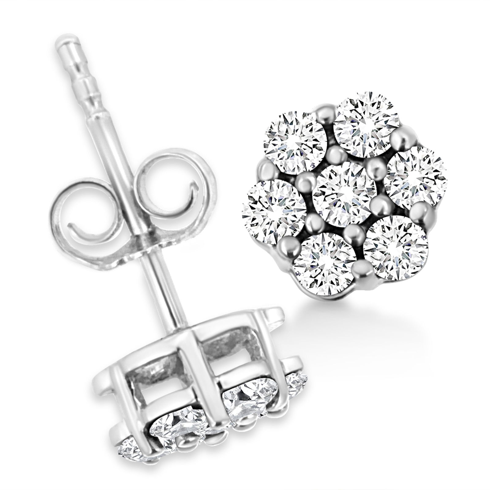 14K White Gold 1/2 Cttw Prong Set Round-Cut Diamond Flower Stud Earring (H-I Color, I1-I2 Clarity) - 4