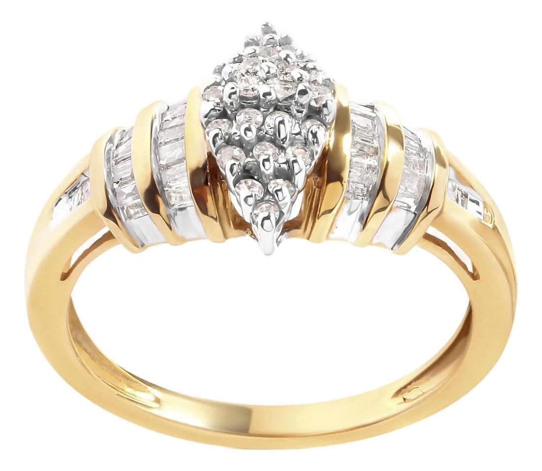 10K Yellow Gold 1/2 Cttw Diamond Pear Shaped Head and Multi Row Channel Set Shank Ring (H-I Color, S: Indulge in the captivating elegance of this exquisite 10K yellow gold ring, adorned with a dazzling collection of diamonds. Meticulously crafted to enchant and inspire, this fashion ring showcases a