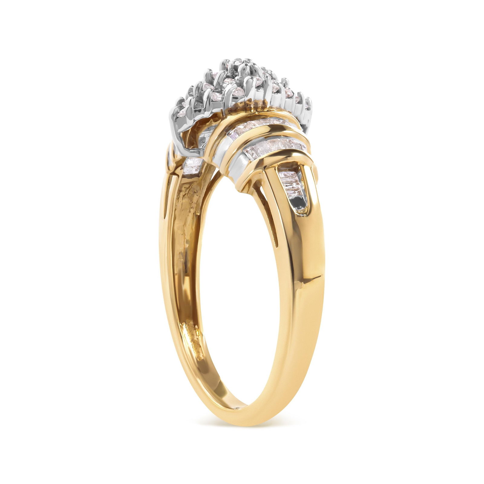 10K Yellow Gold 1/2 Cttw Diamond Pear Shaped Head and Multi Row Channel Set Shank Ring (H-I Color, S - 3