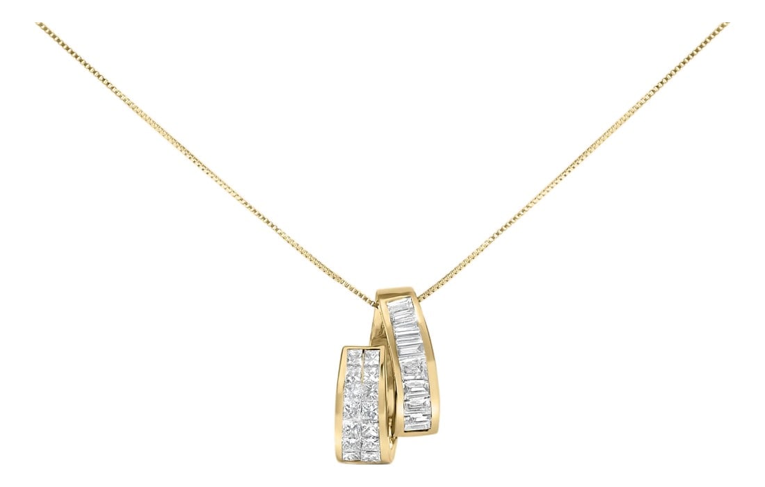 14K Yellow Gold 1 5/8 cttw Princess and Baguette Cut Diamond Fashion Pendant Necklace (G-H, VS2-SI1): Treat yourself to this beautiful sweeping 14k yellow gold and diamond pendant. Each arm is encrusted with quality diamonds, baguettes on one side and princess-cut on the other. The unique design will