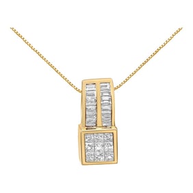 14K Yellow Gold 1 1/4 cttw Princess and Baguette Cut Geometric Inspired Diamond Pendant Necklace (H-