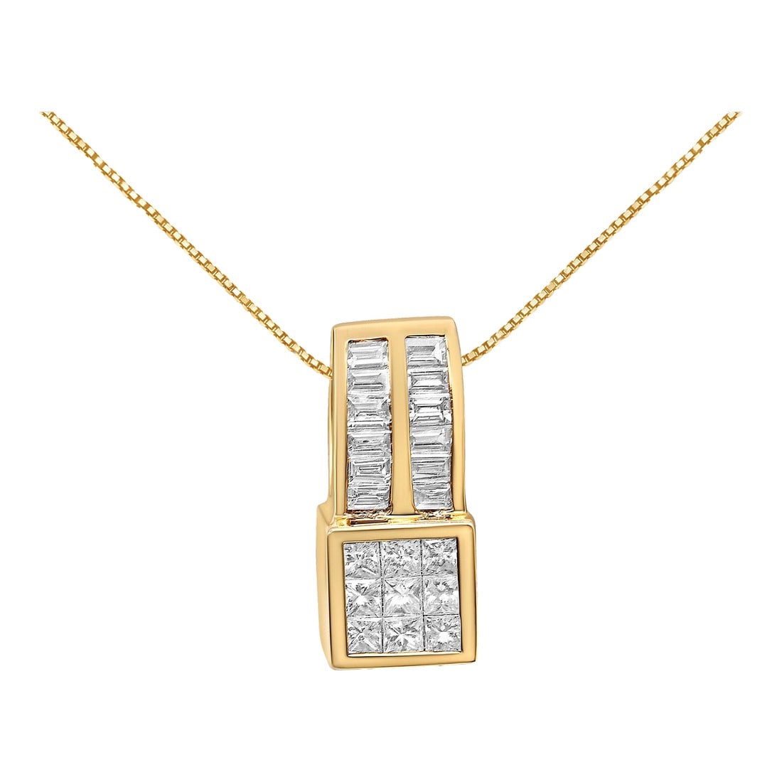 14K Yellow Gold 1 1/4 cttw Princess and Baguette Cut Geometric Inspired Diamond Pendant Necklace (H-: This polished 14k yellow gold pendant features a geometric design of 9 princess-cut diamonds topped by a vertical ribbon of channel-set baguettes. The simplicity and charm of this piece is sure to ele