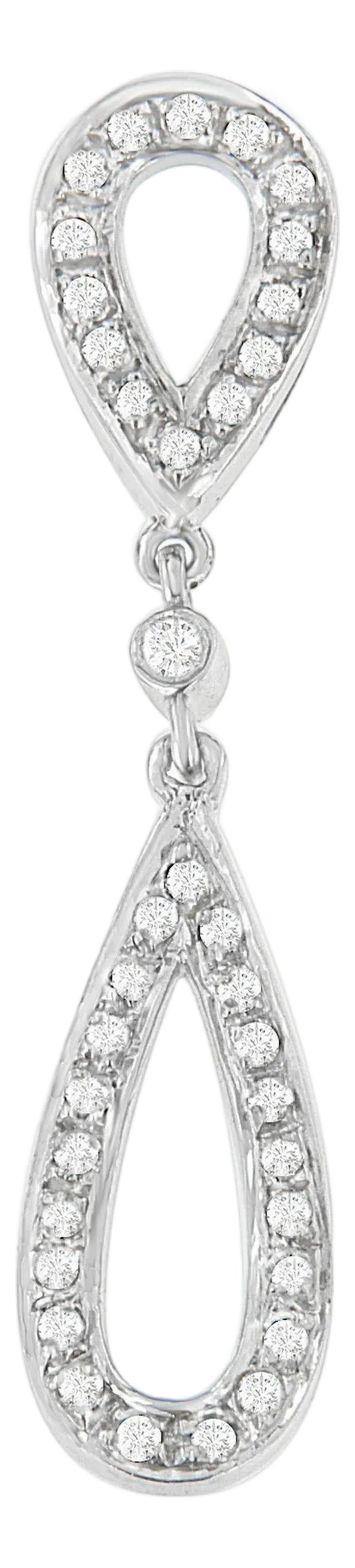 14 White Gold 1/4 cttw Round Cut Diamond Double Tear Drop Pendant Necklace (H-I, I2-I3): The beauty of this pendant is in the details. A modern 14 karat white gold setting connects two tear drop shapes at top and bottom, which are covered in glittering round cut diamonds for an extra