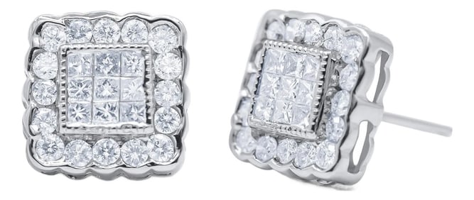 14K White Gold 1.0 Cttw Round Brilliant & Princess Cut Diamond Scallop-Edge Framed Square Halo Stud