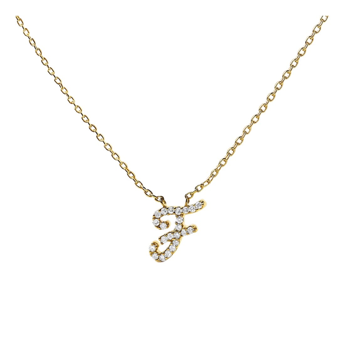 10K Yellow Gold Diamond Accent "F" Initial Script Style Pendant Necklace: Embrace the elegance of personalization with this stunning 10K Yellow gold pendant, delicately crafted into a flowing cursive script of the initial "F". This necklace sparkles with natural diamonds