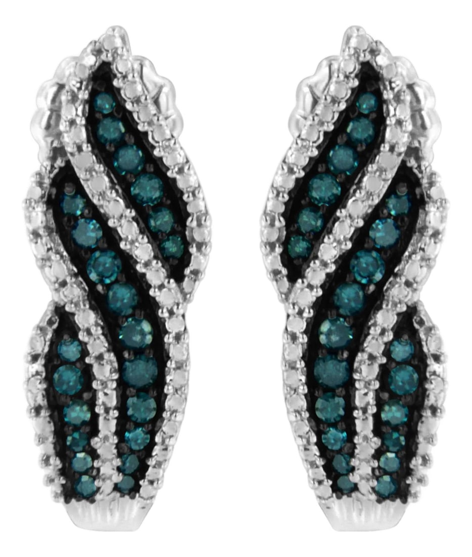 Sterling Silver .5 ct. TDW Treated Blue Diamond Dangling Stud Earrings (Blue, I1-I2): Dazzle all with these stunningly designed sterling silver diamond earrings. This gorgeous pair of dangling stud earrings is embellished with .50 carats of round-cut, treated blue diamonds in a prong