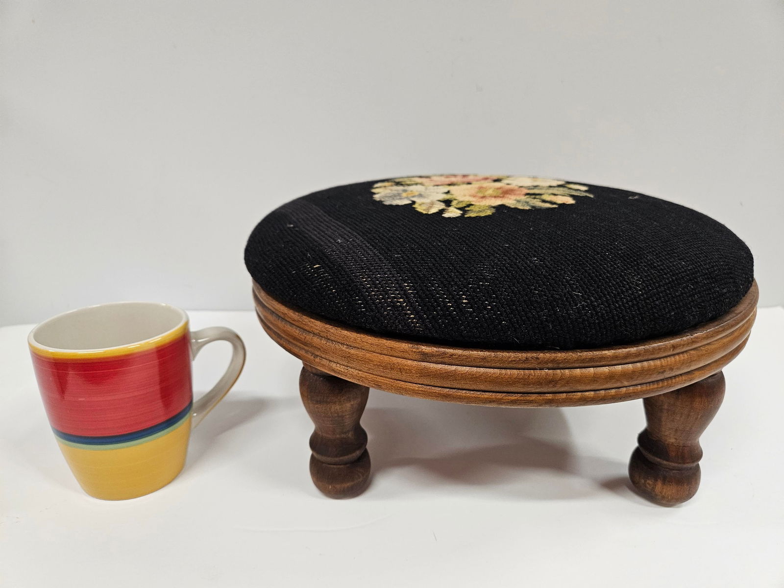 Round Needlepoint Victorian Footstool - 12