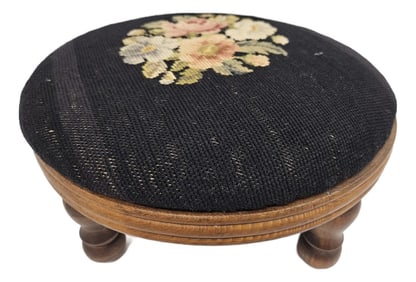 Round Needlepoint Victorian Footstool