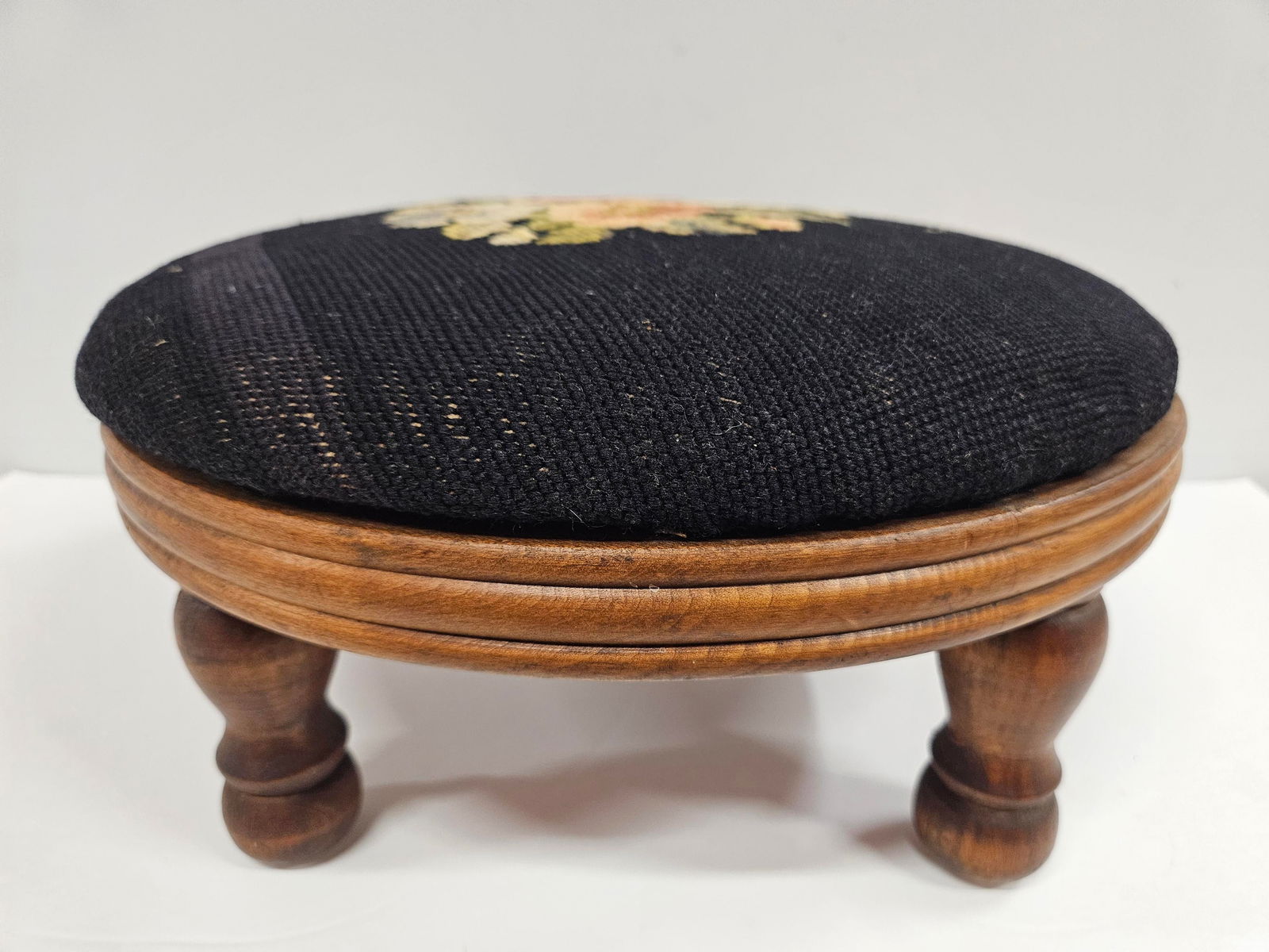 Round Needlepoint Victorian Footstool - 2