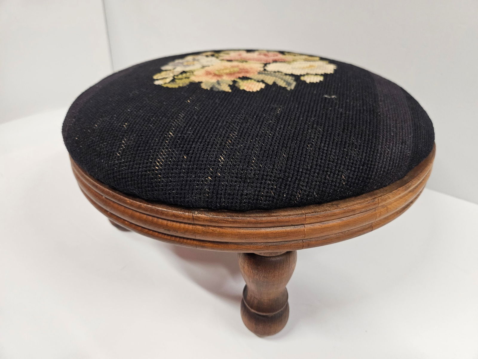 Round Needlepoint Victorian Footstool - 3