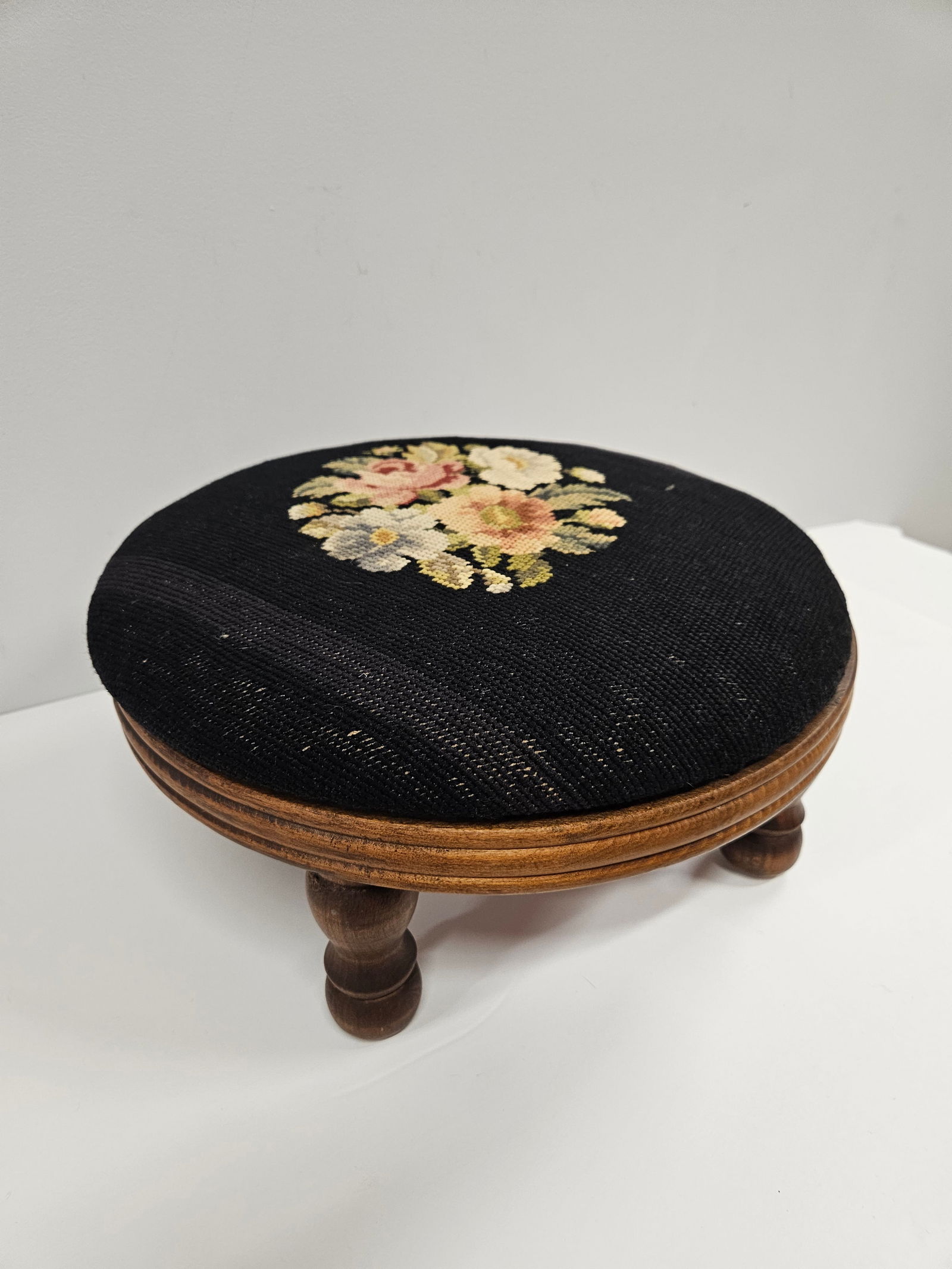 Round Needlepoint Victorian Footstool - 5
