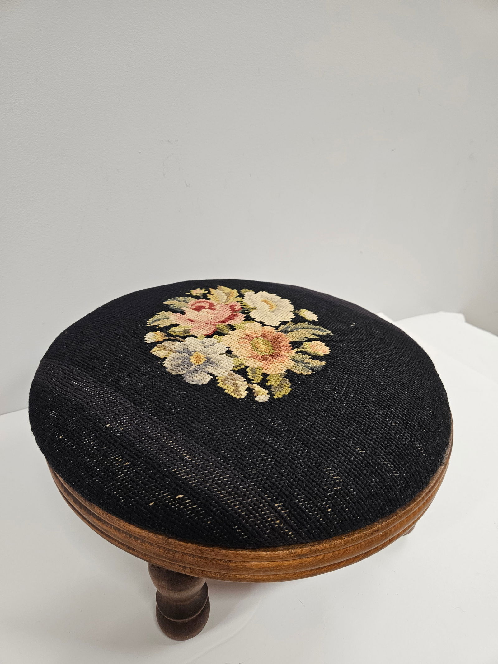 Round Needlepoint Victorian Footstool - 7