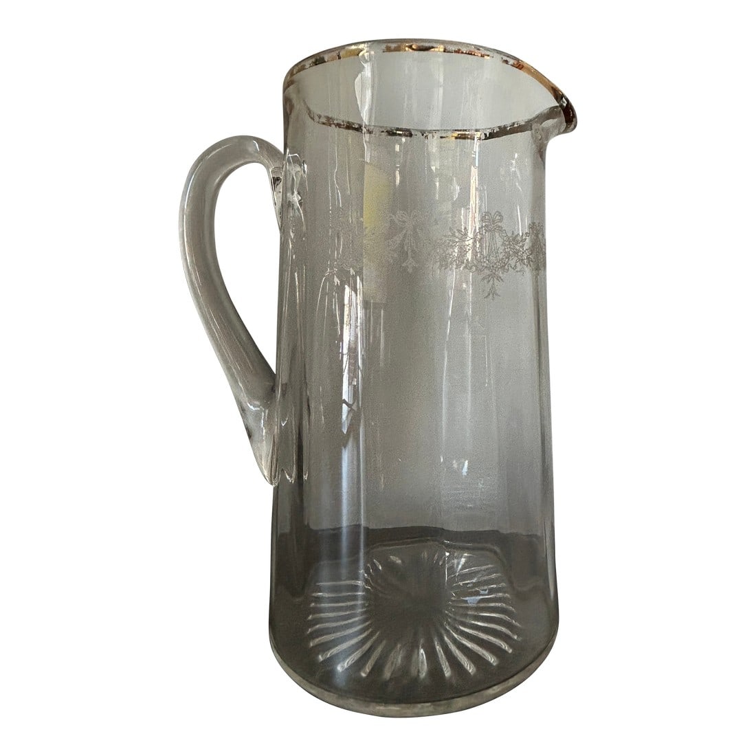 Vintage Bartlett Collins–Style Clear Glass Pitcher With Gold Rim and Wreath & Bow Enamel: Vintage Bartlett Collins–Style Clear Glass Pitcher with Gold Rim and Wreath & Bow Etched Design Elegant vintage clear glass pitcher featuring a gold rim and an etched wreath-and-bow (swag)