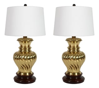 Pair of Hollywood Regency Style Brass Ginger Jar Lamps on Wood Bases