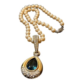 Vintage Swarovski Faux Pearl Necklace With Blue Crystal Enhancer Pendant – Blue Teardrop