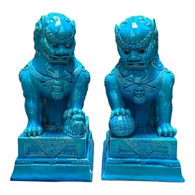 Pair of 1960's Mid Century Chinese Turquoise Porcelain Foo Dog Statues