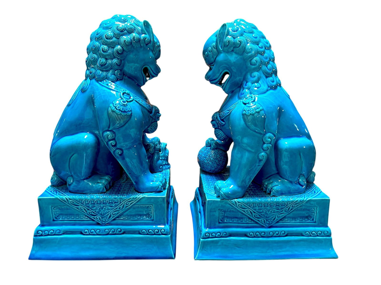 Pair of 1960's Mid Century Chinese Turquoise Porcelain Foo Dog Statues - 2