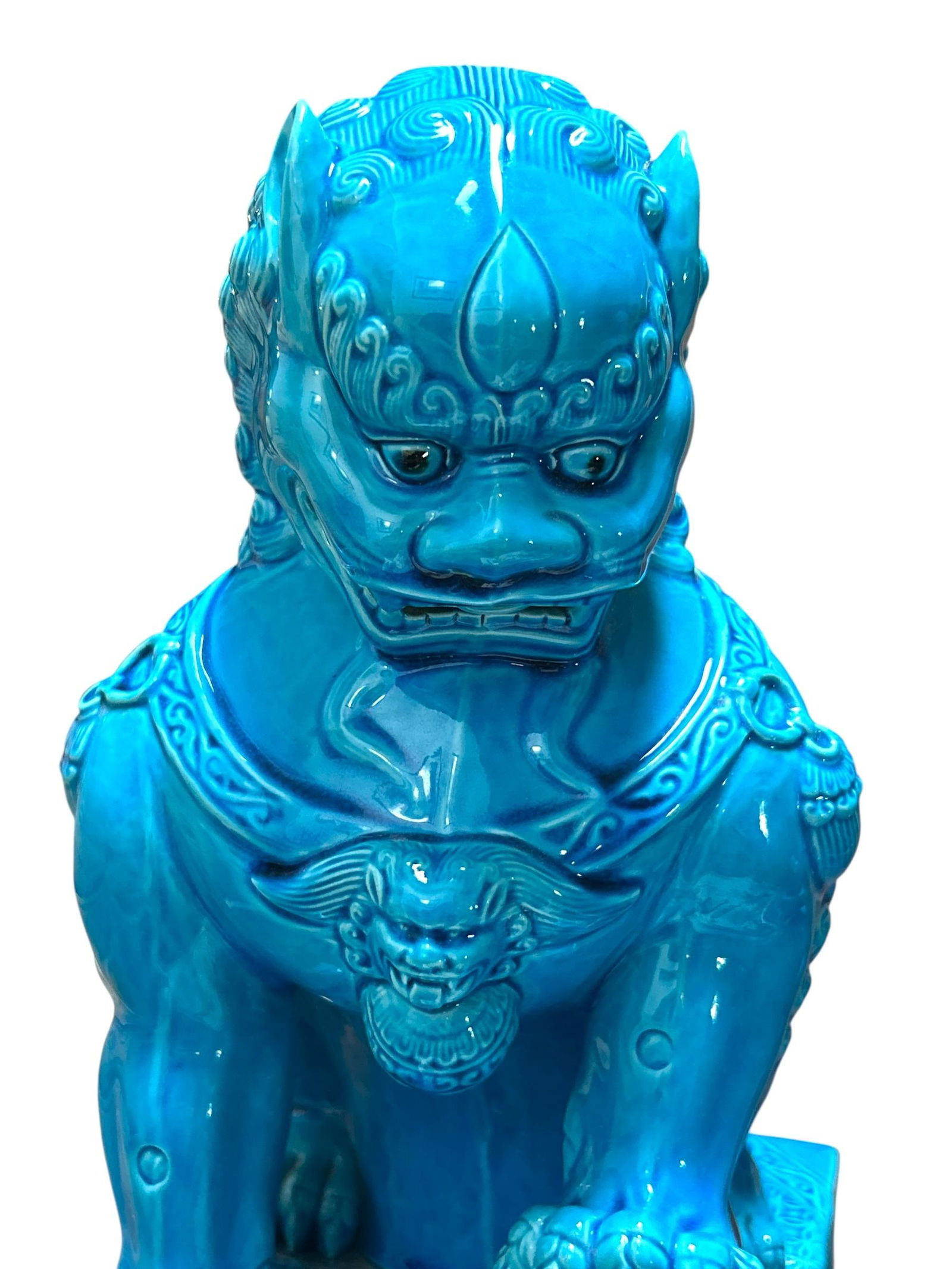 Pair of 1960's Mid Century Chinese Turquoise Porcelain Foo Dog Statues - 5