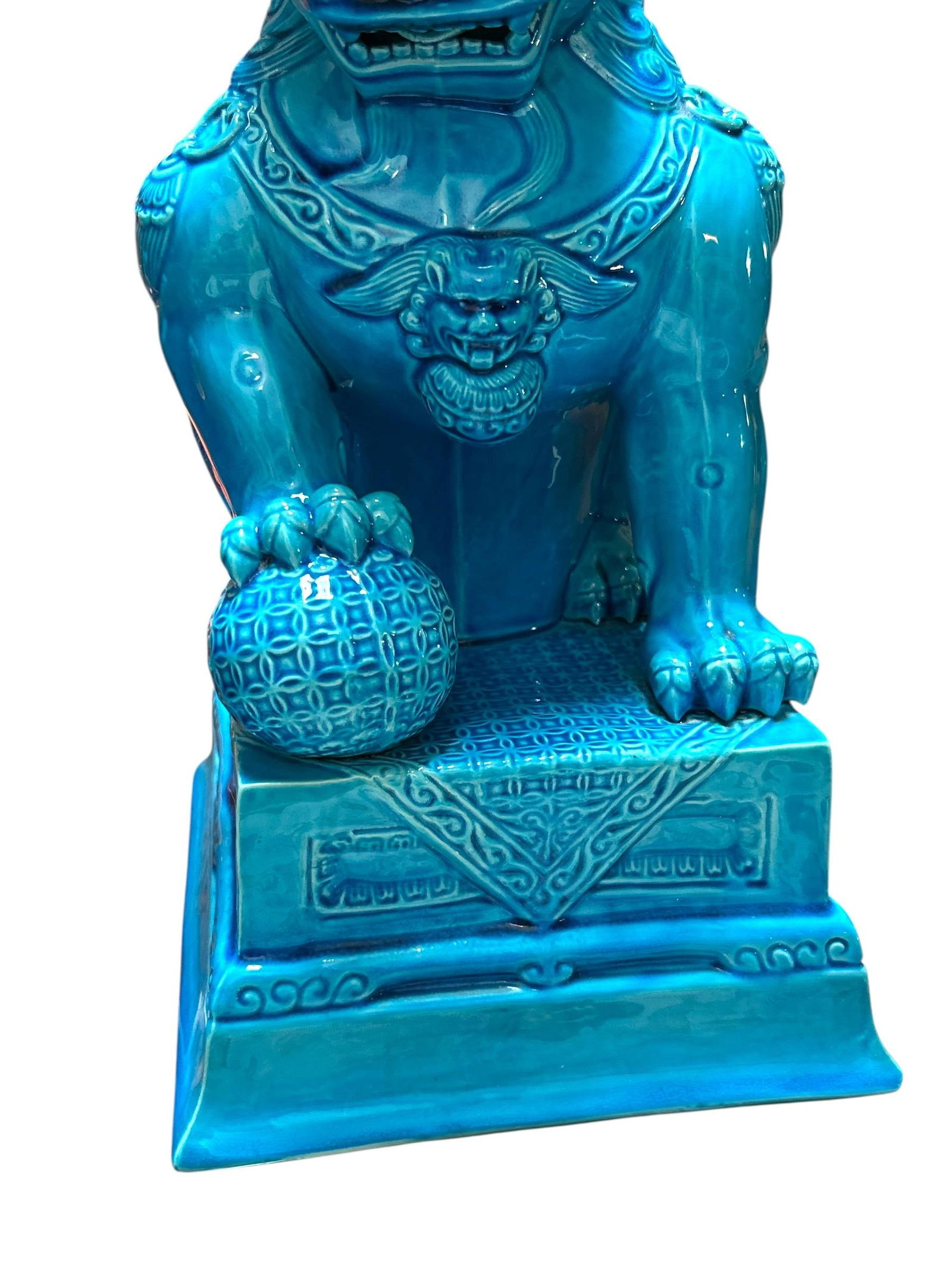 Pair of 1960's Mid Century Chinese Turquoise Porcelain Foo Dog Statues - 8