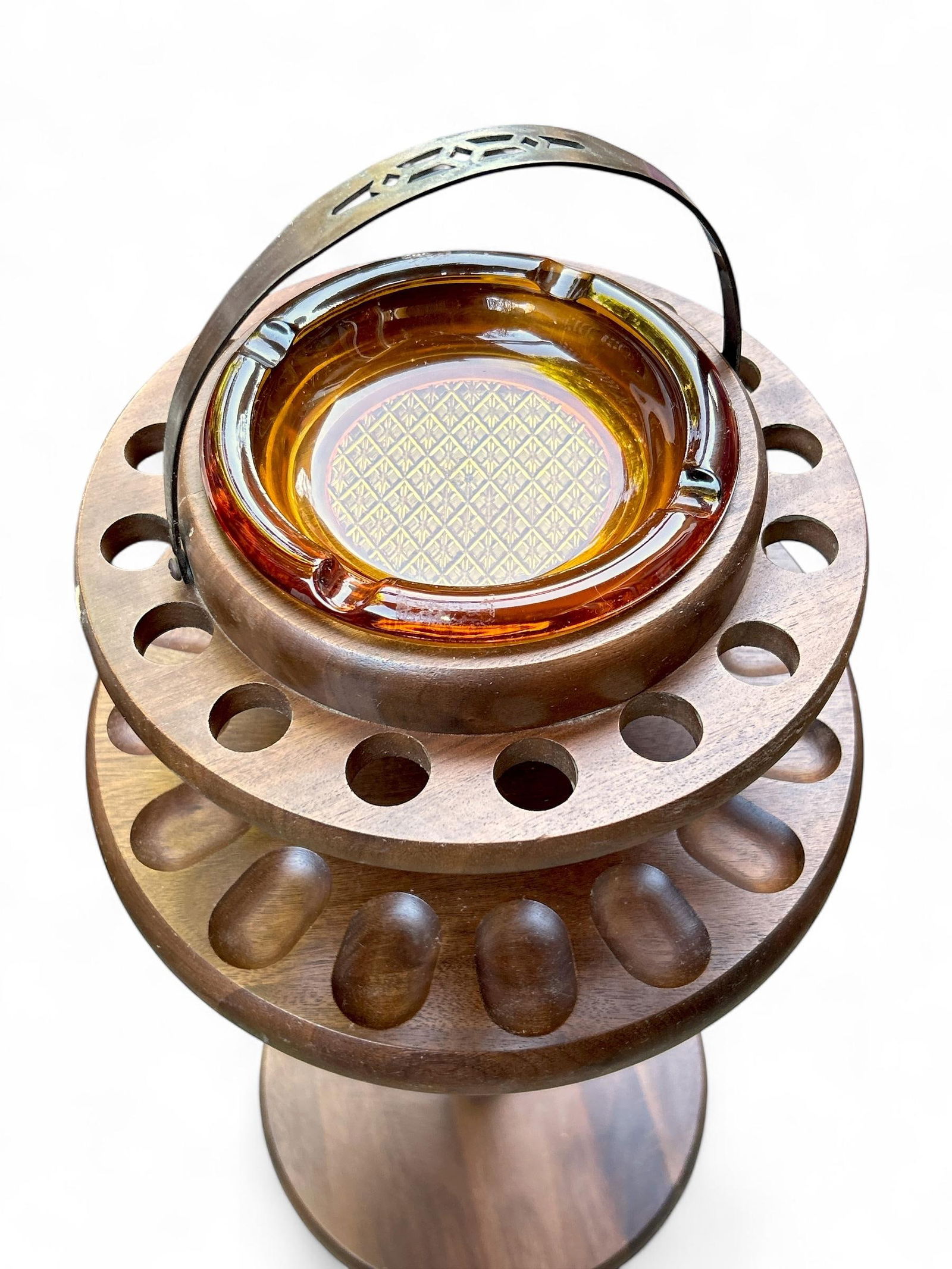 1960s Decatur Industries Free Standing Walnut Pipe Stand With Glass Ashtray - 4