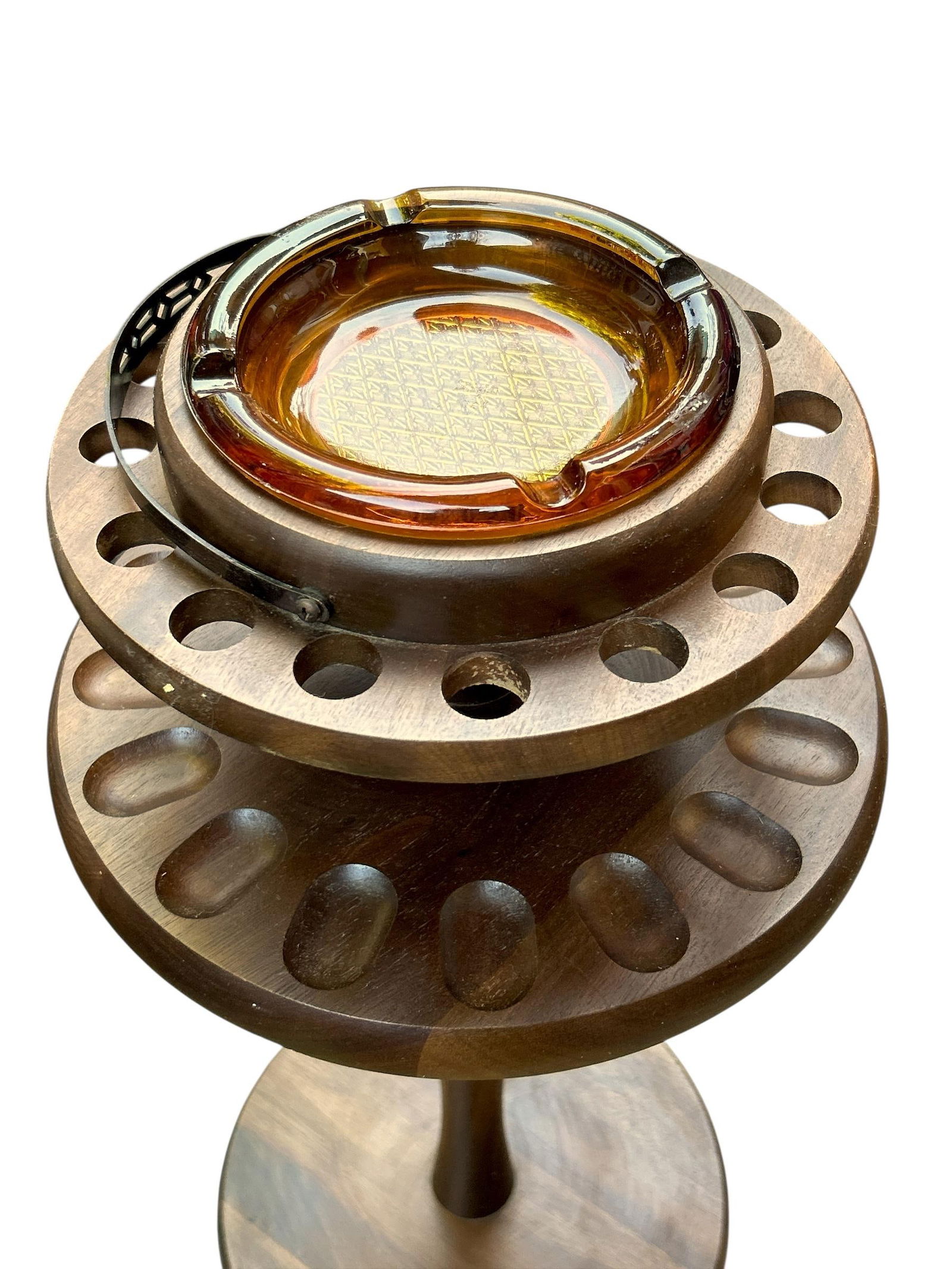 1960s Decatur Industries Free Standing Walnut Pipe Stand With Glass Ashtray - 6