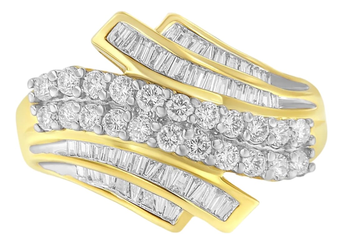 10K Yellow Gold 1.0 Cttw Round & Baguette Cut Diamond 64 Stone Bypass Style Channel Set Modern State: Elegant and timeless, this 10K yellow gold diamond statement ring features 1.0 carat total weight of diamonds with 64 individual stones. The bypass style fashion ring features a two row wave of