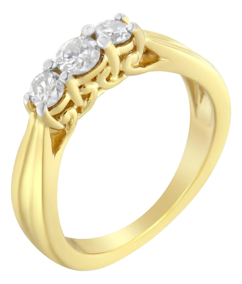 10K Yellow Gold Three-stone Diamond Ring (0.50 cttw, J-K Color, I2-I3 Clarity): Gorgeous three stone ring that displays a classic and graceful design. The delicate prongs embrace three brilliant round-cut diamonds. The shank is made of 10k yellow gold and contains engraved