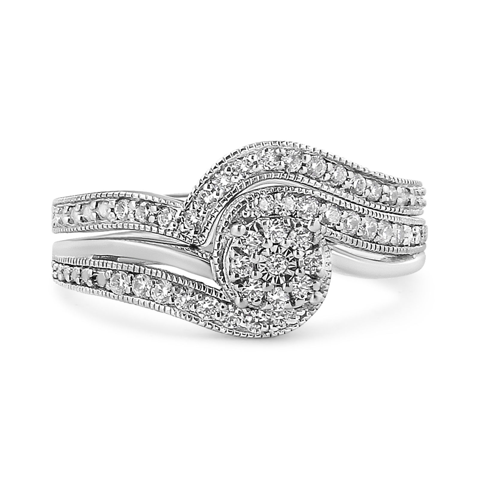 .925 Sterling Silver 1/3ct Cttw Multi-Diamond Bypass Vintage-Style Bridal Set Ring and Band (I-J Col - 2