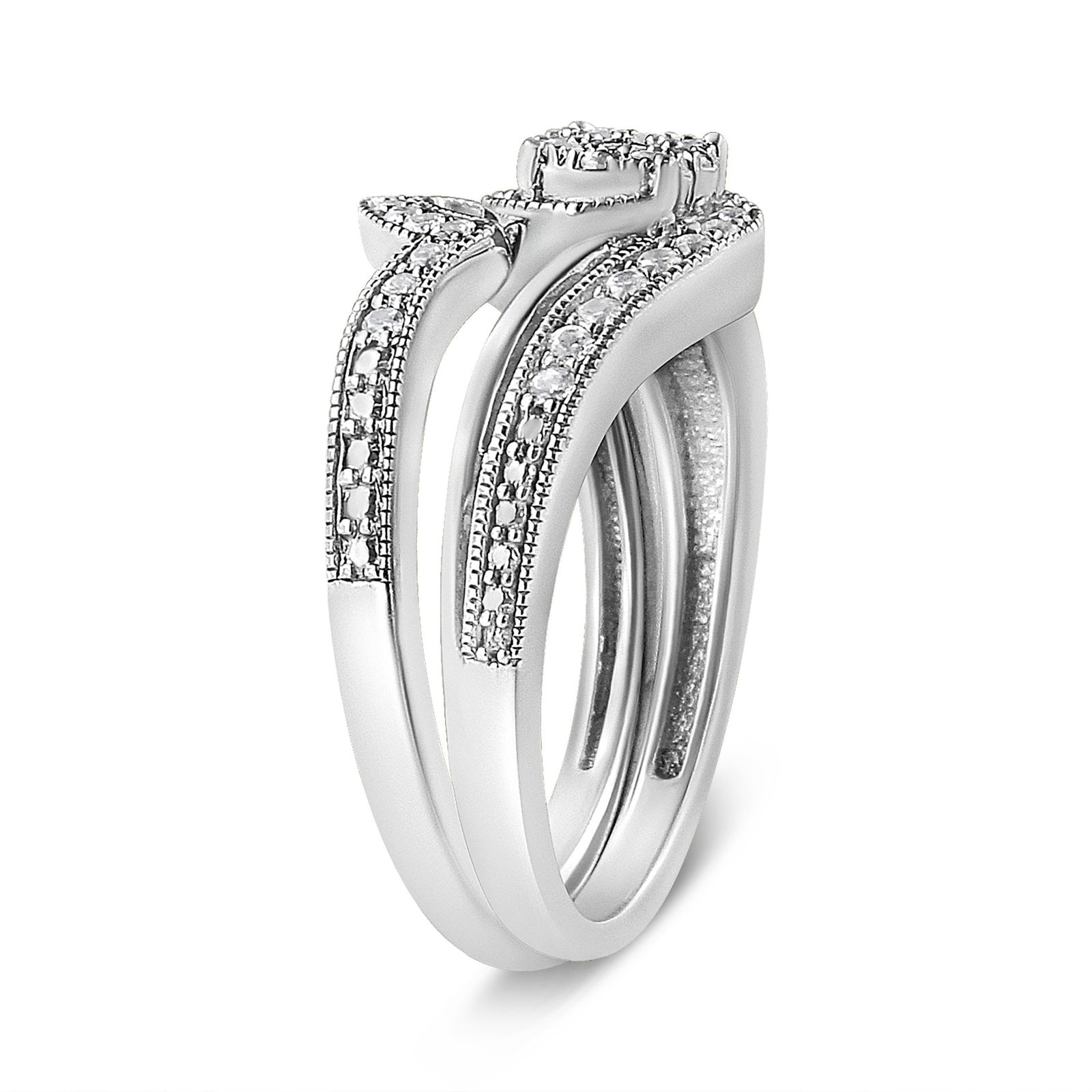 .925 Sterling Silver 1/3ct Cttw Multi-Diamond Bypass Vintage-Style Bridal Set Ring and Band (I-J Col - 3