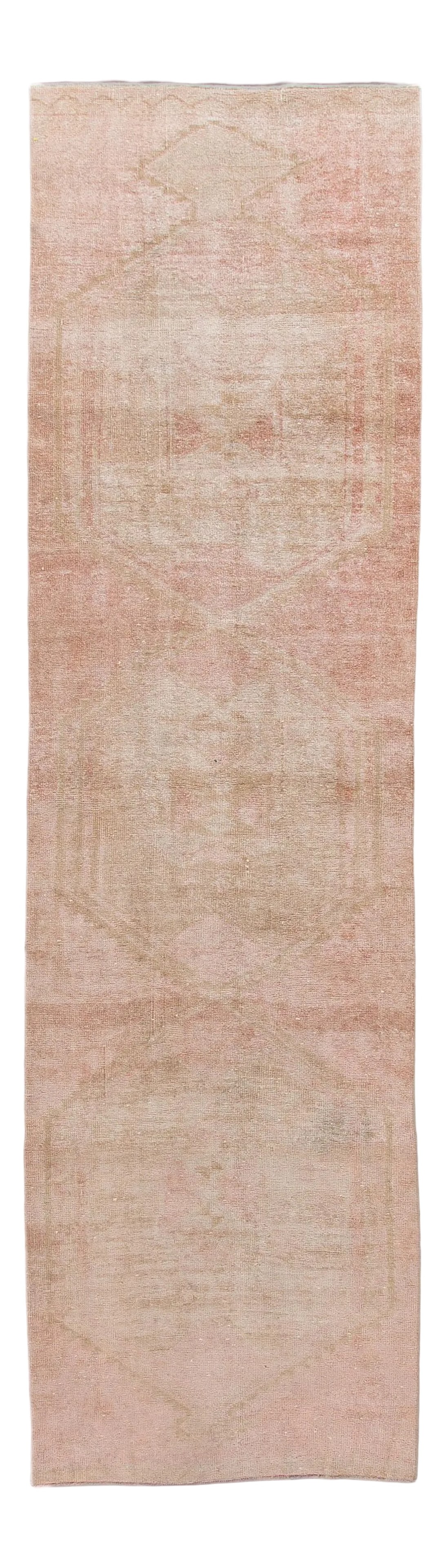 Vintage Turkish Handmade Peach Tribal Wool Runner: Beautiful vintage Turkish hand knotted wool rug with a peach field. This rug has tan accents in a gorgeous all-over geometric tribal design, This rug measures: 3'4" x 12'3". Condition: