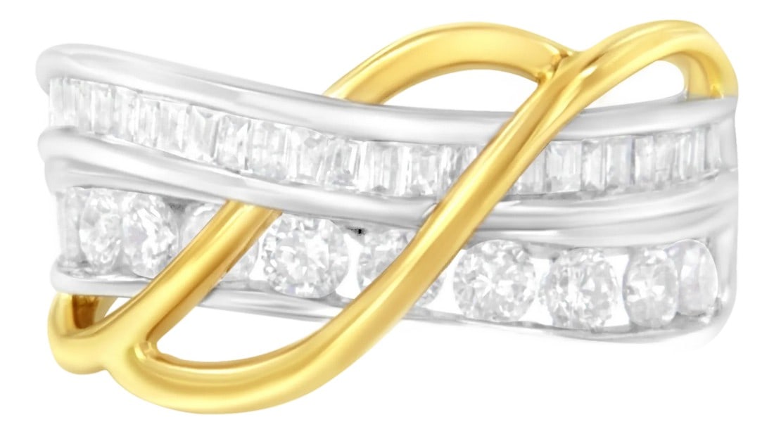 10K White and Yellow Gold 1 1/10 cttw Channel-Set Diamond Bypass Band Ring (J Color, I3 Clarity) - S: Bold and unique, this ring is fashioned in 10k white and yellow gold. 1 1/10ct TDW of diamonds are displayed in this design. A cool white gold ring band splits and is inlaid with a row of glittering