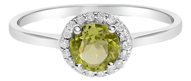 10K White Gold Green Peridot and 1/10 Cttw Diamond Halo Ring