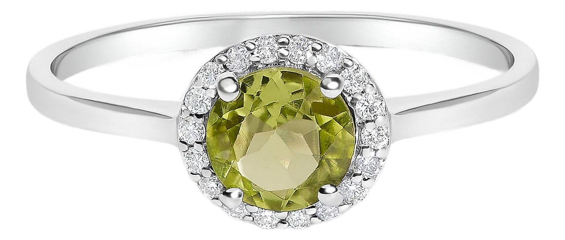 10K White Gold Green Peridot and 1/10 Cttw Diamond Halo Ring: Adorn your hand with the splendor of rich, velvety green captured in a mesmerizing 6x6 mm peridot, its fiery hues deepened through expert heat treatment. This natural gemstone, cradled lovingly in a