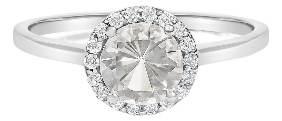 10K White Gold White Topaz and 1/10 Cttw Diamond Halo Ring: Adorn your hand with the splendor of rich, velvety white captured in a mesmerizing 6x6 mm topaz, its fiery hues deepened through expert heat treatment. This natural gemstone, cradled lovingly in a