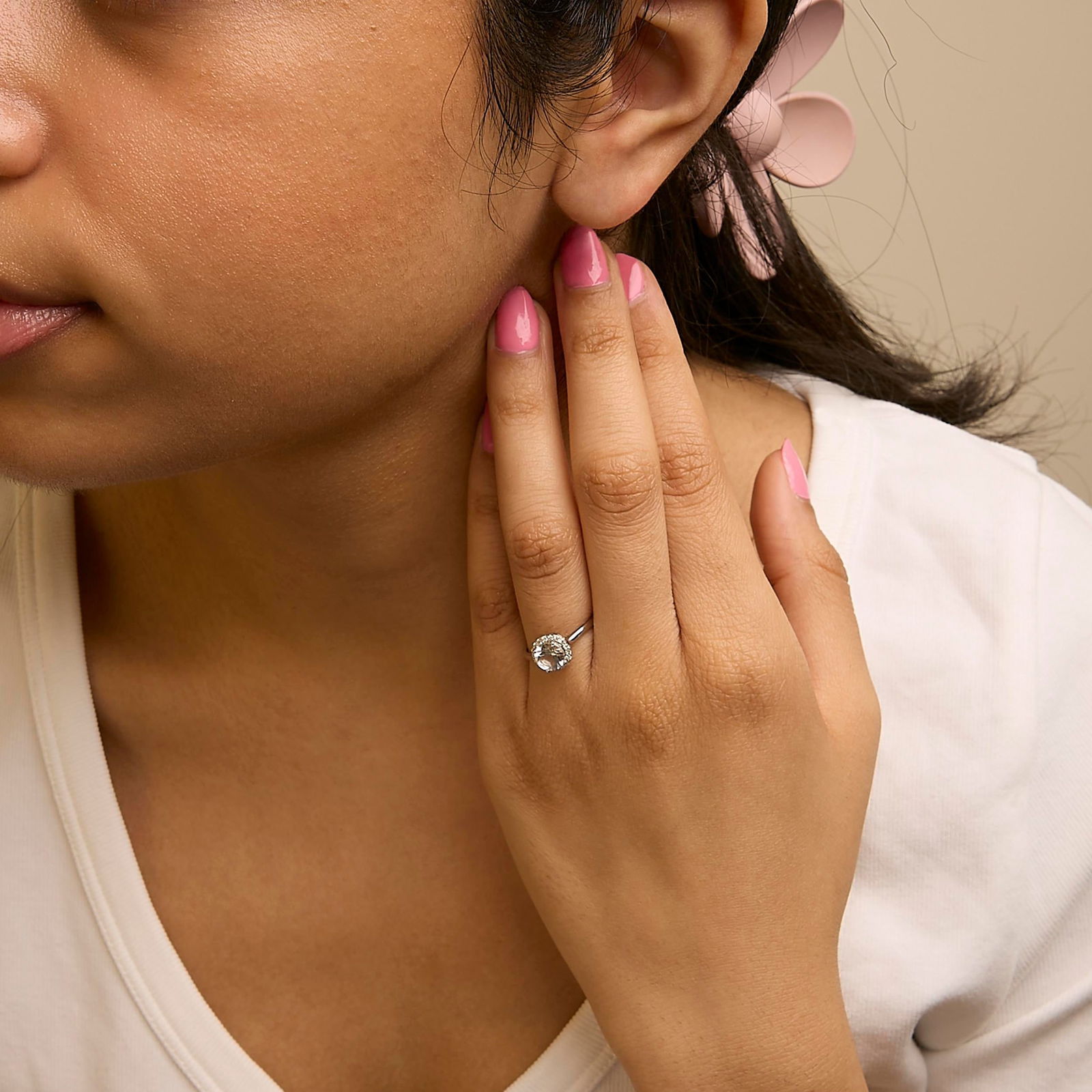 10K White Gold White Topaz and 1/10 Cttw Diamond Halo Ring - 6