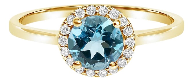 10K Yellow Gold Blue Topaz and 1/10 Cttw Diamond Halo Ring, Size 6.5