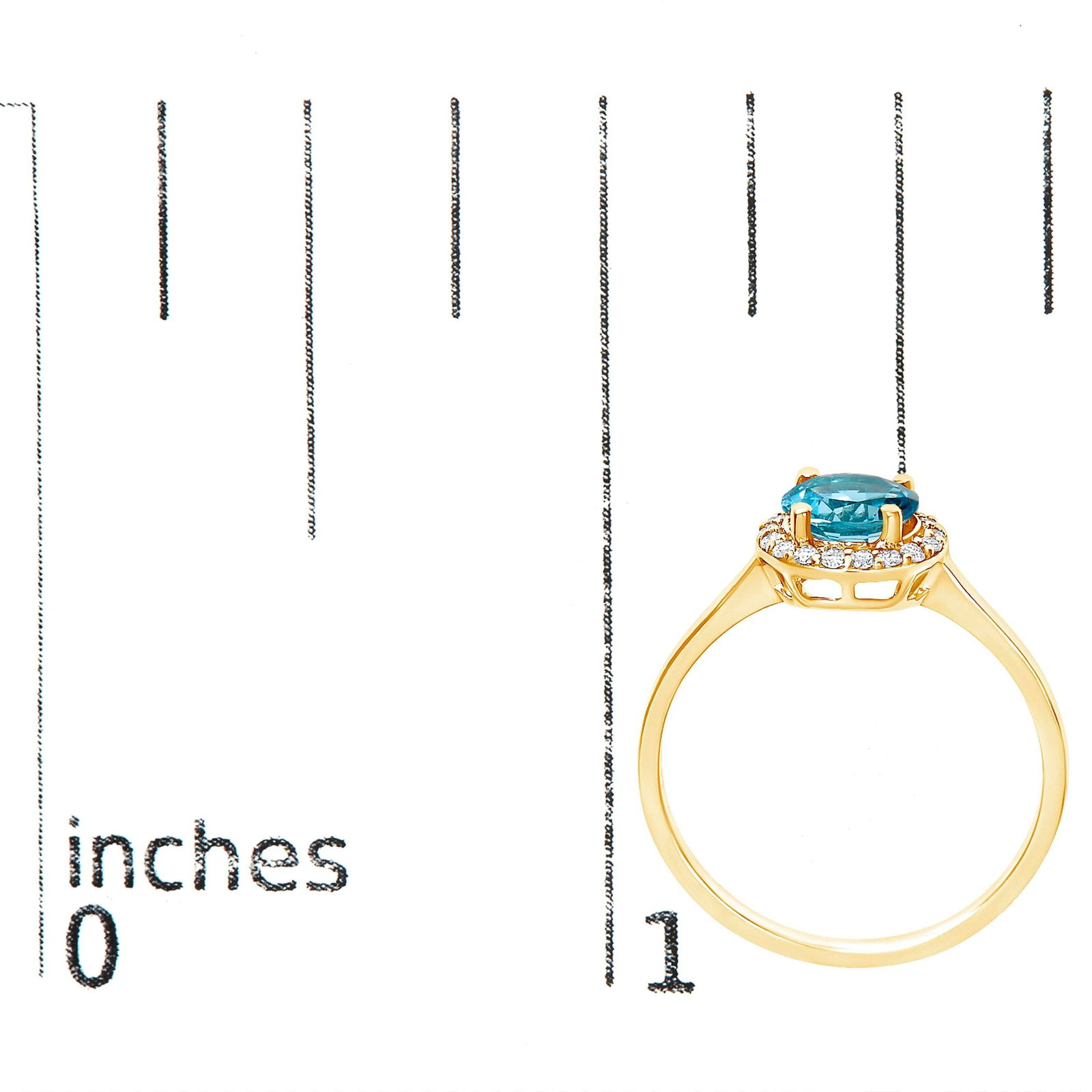 10K Yellow Gold Blue Topaz and 1/10 Cttw Diamond Halo Ring, Size 6.5 - 7