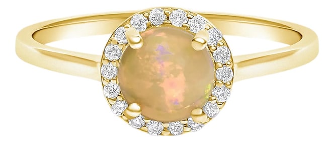 10K Yellow Gold Opal and 1/10 Cttw Diamond Halo Ring