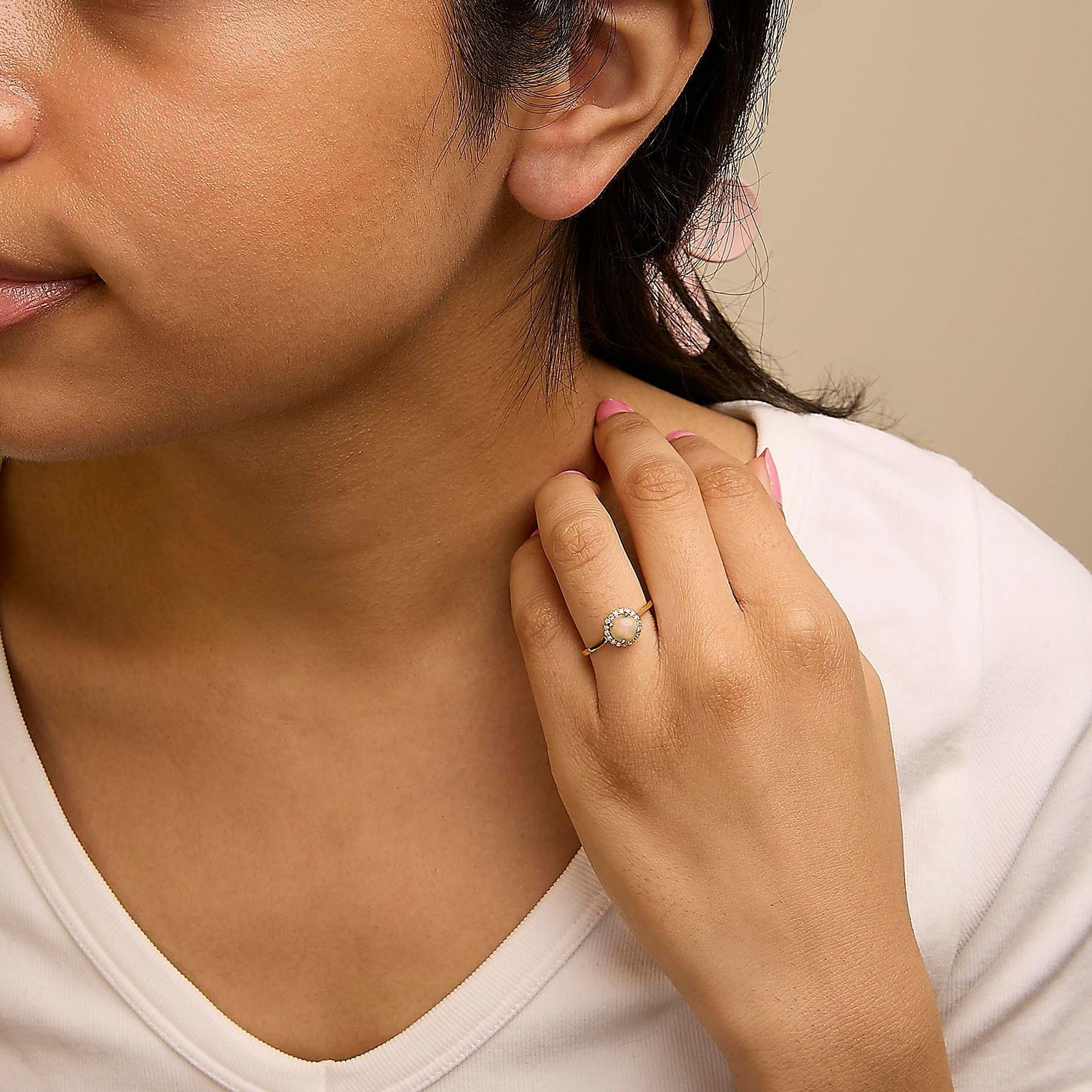 10K Yellow Gold Opal and 1/10 Cttw Diamond Halo Ring - 2