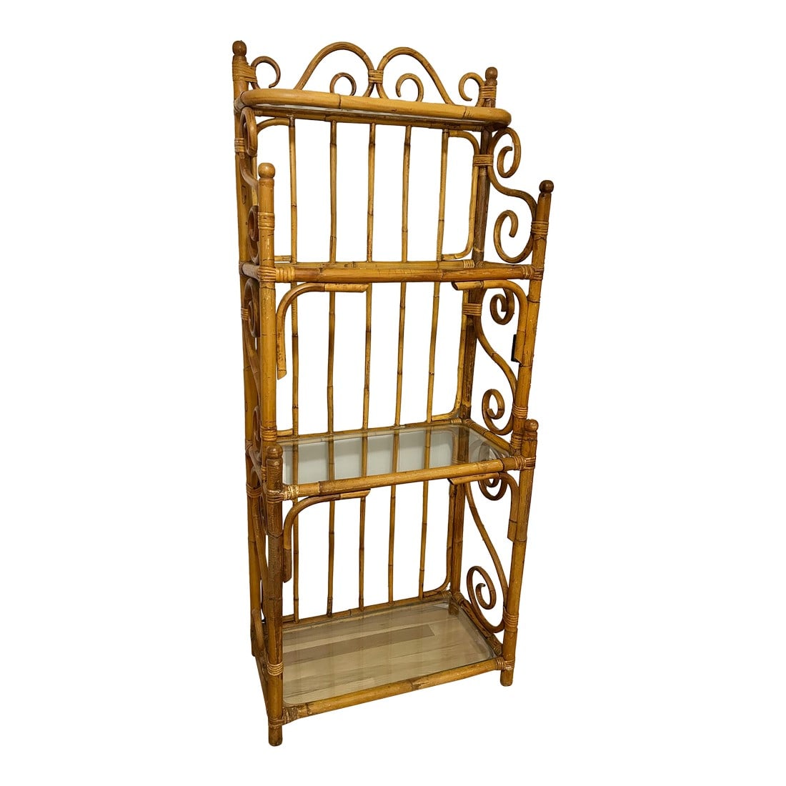 Mid 20th Century Vintage 4 Tier Chinoiserie Hollywood Regency Etagere or Bakers Rack With Glass Shel: Add storage and display space to any home with this vintage rattan etagere. Whether you call it Hollywood Regency, Palm Beach Regency, Coastal or Boho Chic, this piece is a classic. Made of rattan wit