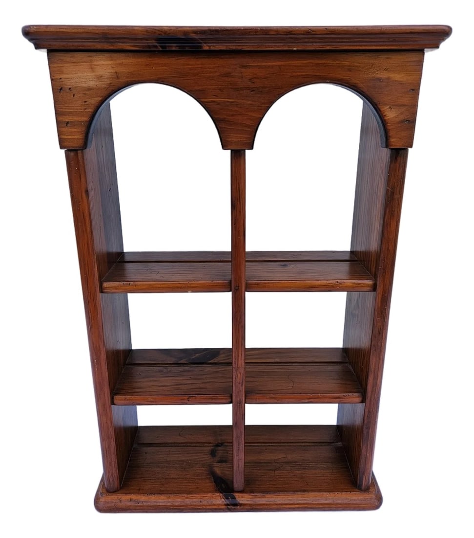 Late 20th Century Ethan Allen Pine Shelf Etagere: A classic pine wall mount shelf unit with three shelves, each with a plate edge. This piece is by Ethan Allen so you know it is a quality made piece. The shelf unit has metal brackets on the back for