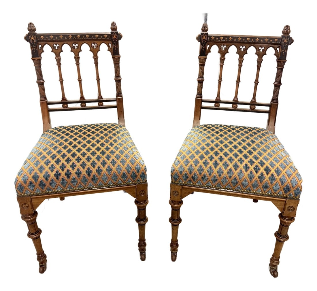 Pair of Gothic Revival Inlaid & Fine Cut Velvet Side Chairs, English, C. 1870 (1 of 10)